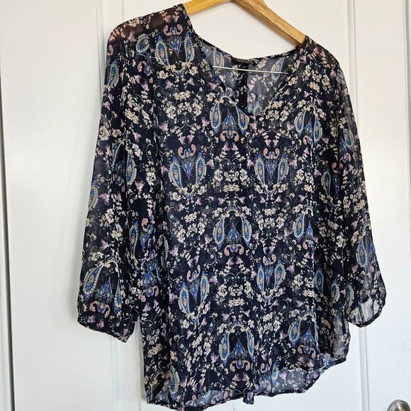 Papermoon Dressy Blouse  for  Stitch Fix Navy Paisley Sheer Long Sleeve, Med - Picture 1 of 9